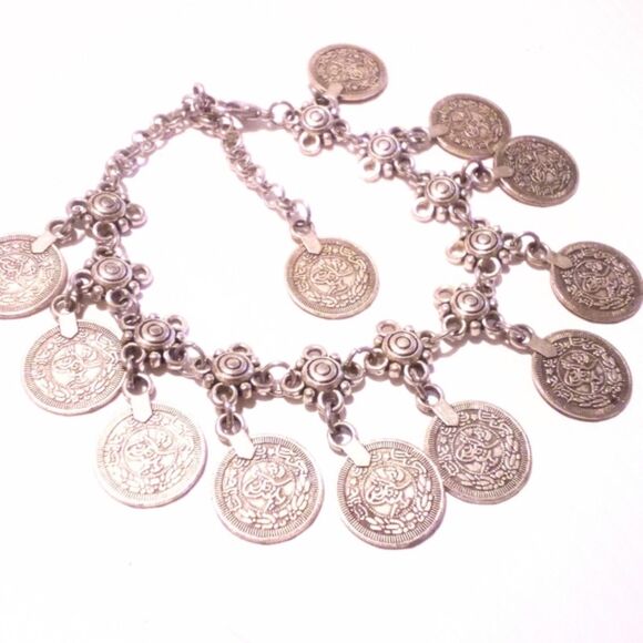Vintage Eastern Dangling Coin Inspired Silver Tone Bracelet or Anklet - Picture 2 of 3